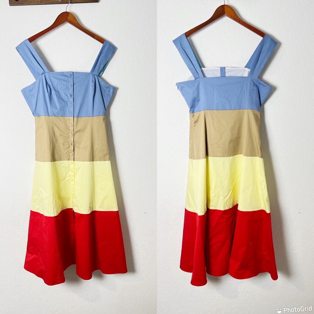 STAUD Colorblock Midi Dress in Blue, Tan, Cream, Red - Picture 2 of 13